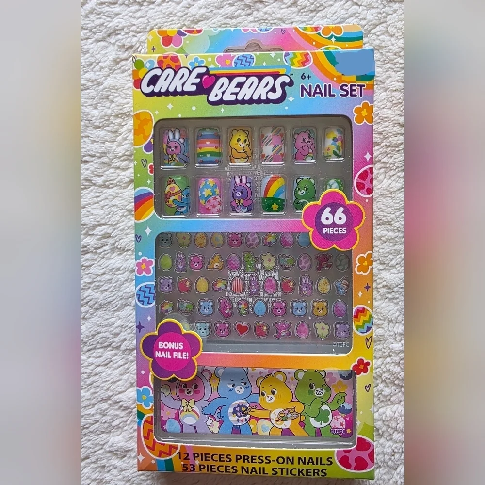 New girl's Care Bears Nail Art Set Press-On Nails 12 pc 53 stickers bundle of 2